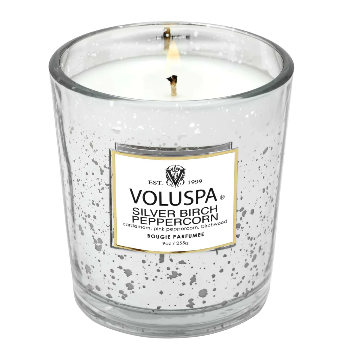 Boxed candle silver birch peppercorn
