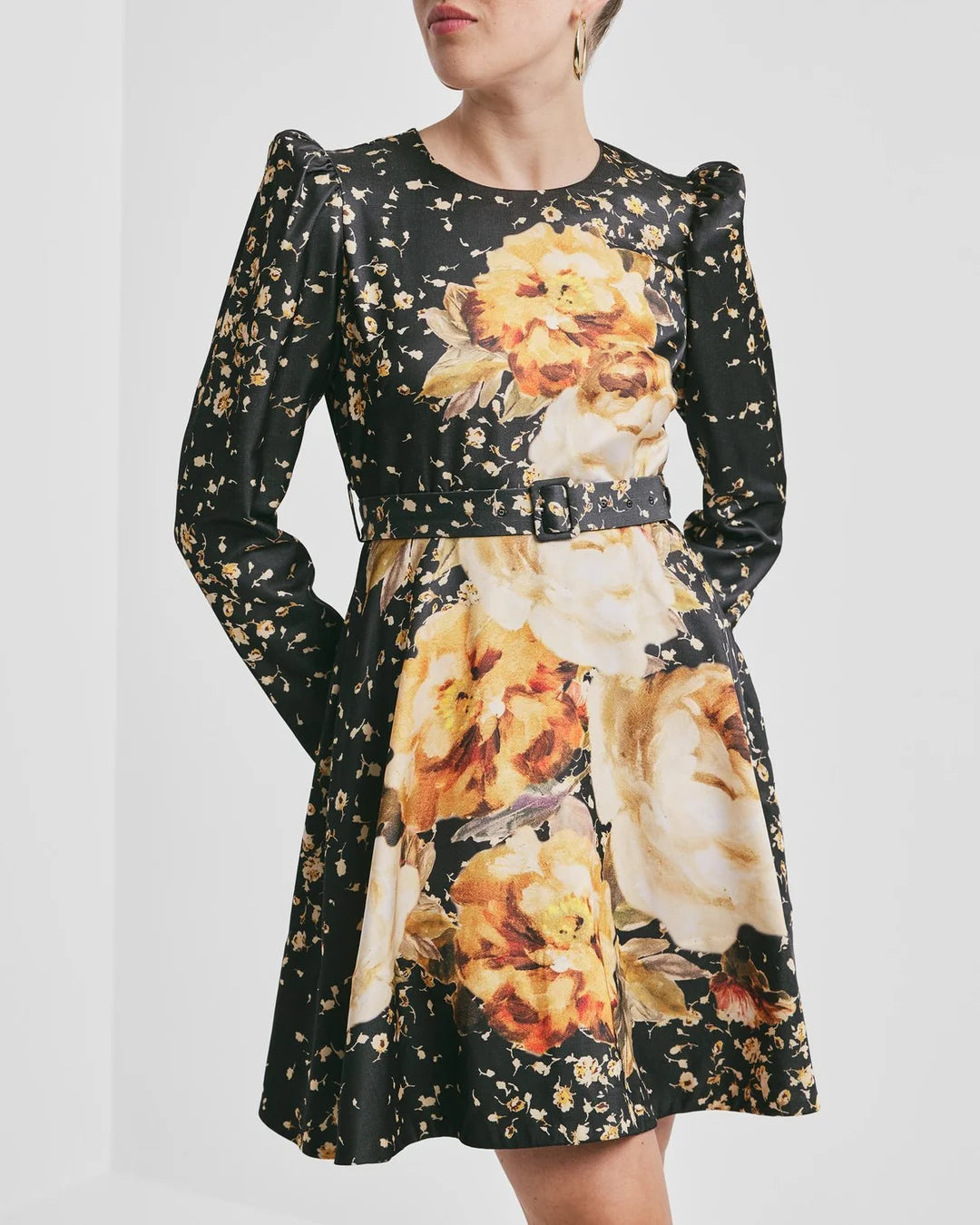 Tailored satin belt dress