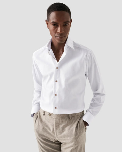 White Signature Twill Shirt - Brown Contrast Details - Contemporary fit