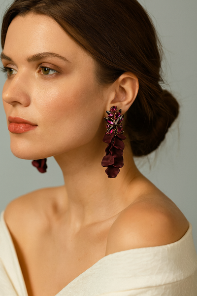 Leaf Big Stone Earrings Burgendy